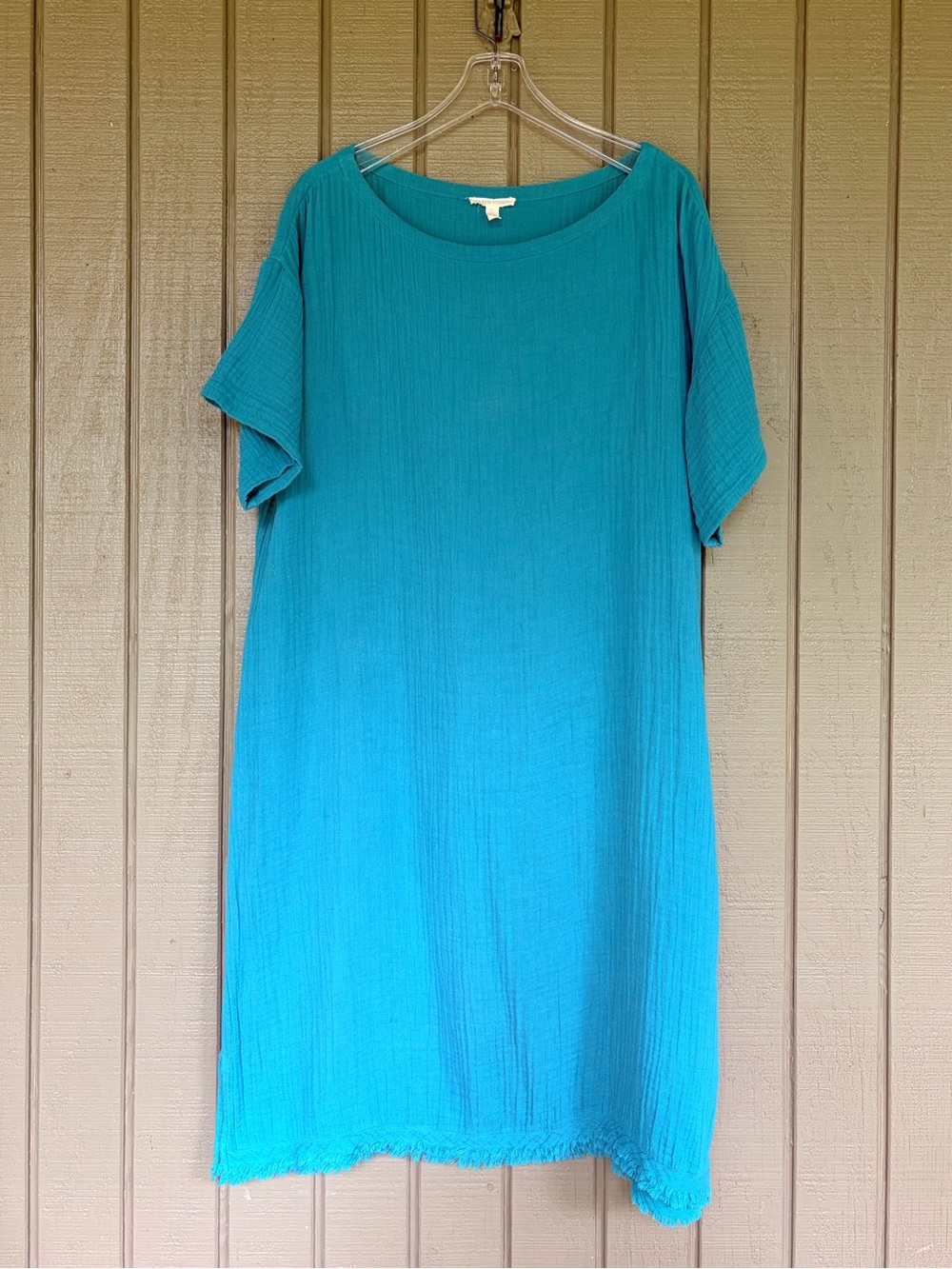Eileen Fisher Organic Cotton Lofty Gauze
Frayed Hem Dress - Turquoise L EUC